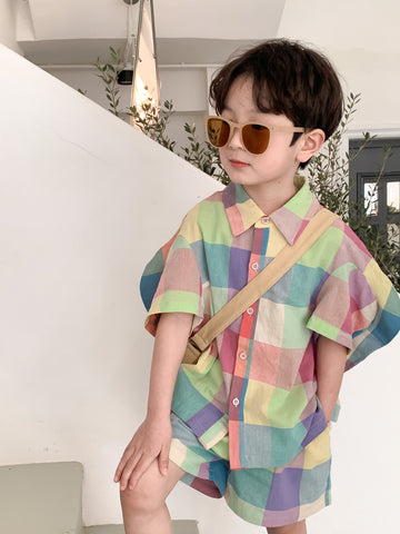 Coordinato bambini Unisex 2 pezzi  - Camicia e pantalone a quadroni multicolor