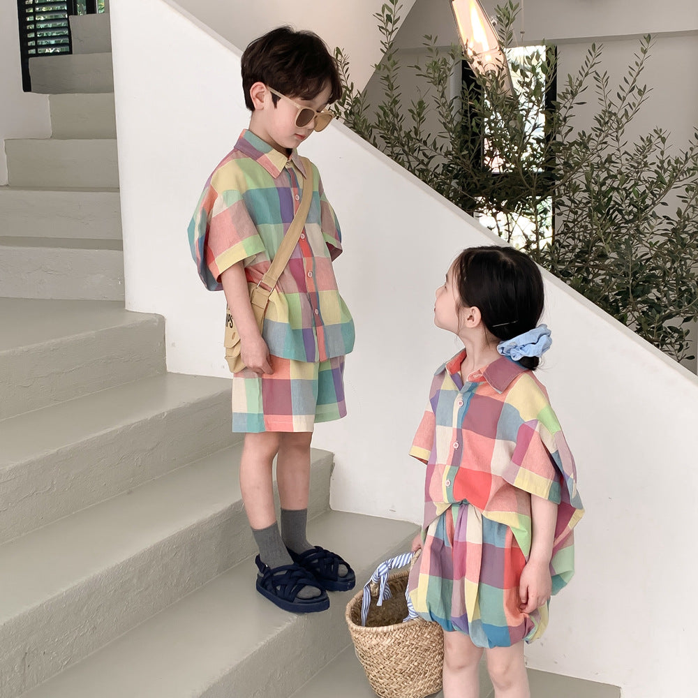 Coordinato bambini Unisex 2 pezzi  - Camicia e pantalone a quadroni multicolor