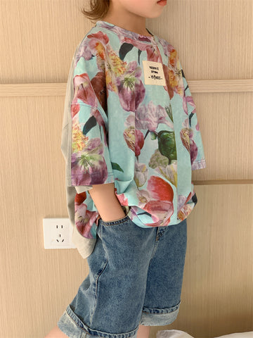 T- Shirt oversize Unisex con stampa floreale frontale e retro fondo unico