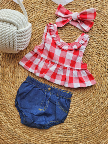 Coordinato Tre Pezzi Mutandone Jeans Con Maglia Quadri e Fascia Fiocco