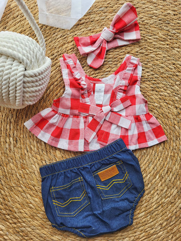 Coordinato Tre Pezzi Mutandone Jeans Con Maglia Quadri e Fascia Fiocco