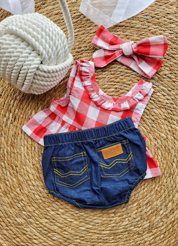 Coordinato Tre Pezzi Mutandone Jeans Con Maglia Quadri e Fascia Fiocco